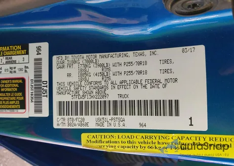 2017 Toyota Tundra Sr5 5.7L V8 z USA, uszkodzony, nr VIN 5TFEW5F13HX222097